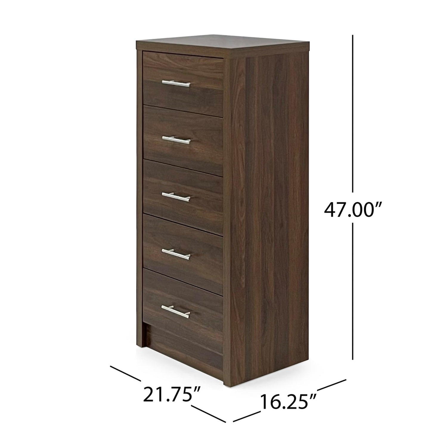Kadyn MDF 5 Drawer Chest, Tall Dresser Chest for Living Room, Mid Century Drawer Dresser for Bedroom, Walnut