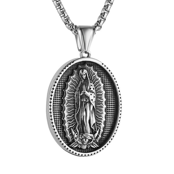 HZMAN Stainless Steel Guadalupe Virgin Mary Oval Pendant Necklace for Women Men 22 2Inch Chain