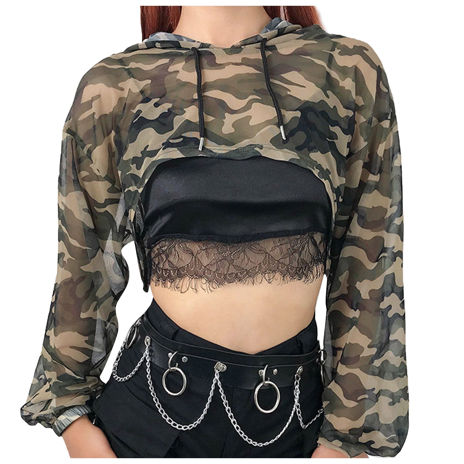 Women Teen Girls Camouflage Zip up Long Sleeve Workout Cropped Crop Top Hoodie Sweatshirt Jacket Casual Tops Blouse Shirt 
