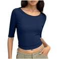 thumbnail image 3 of Scyoekwg Womens Ribbed Knit Crewneck Crop Tops Basic Slim Fit T Shirts Half Sleeve Trendy Solid Color Y2k Going Out Tops (Navy,L), 3 of 9
