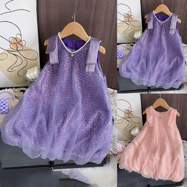 Robe pour Enfants à Sequins Ligne A Sans Manches Robe Scintillante Robe de Soirée avec Fausse Bordure en U Robes pour Filles Violet 5-6 Ans