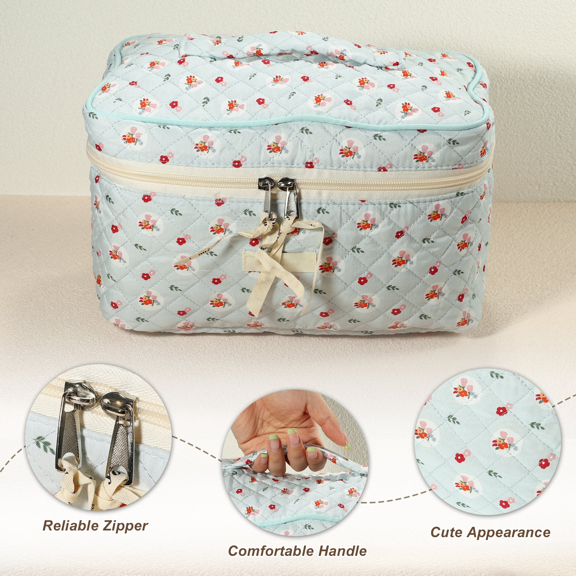Unique Bargains Cotton Makeup Bag Large Travel Cosmetic Bag Quilted Toiletry Bag Blue