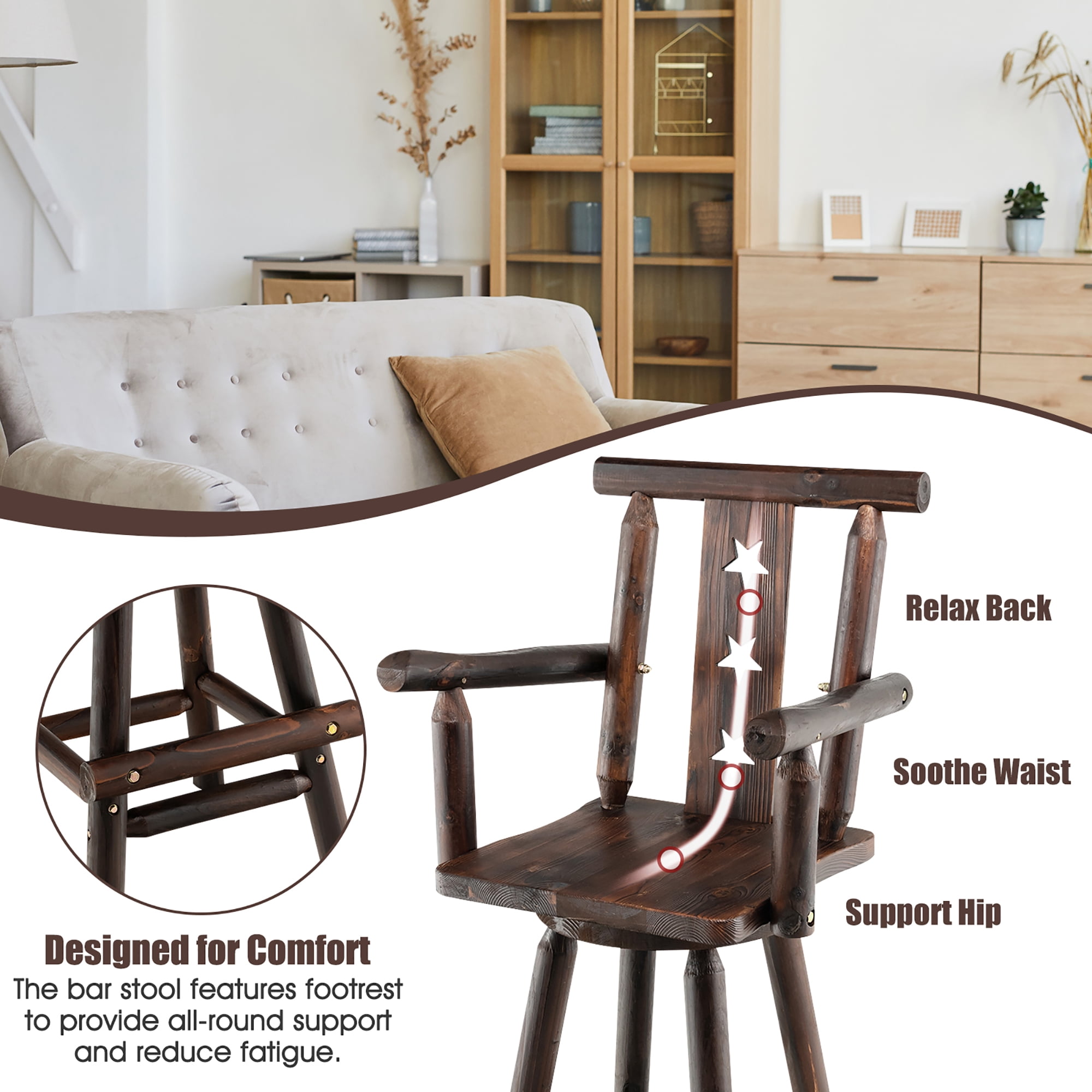 Costway Set of 2 Wooden Bar Stools Swivel Bar Height Kitchen Patio Chairs with Armrest