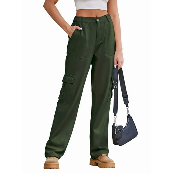 Women High Waisted Cargo Pants Wide Leg Casual Pants 6 Pockets Trousers  Green S