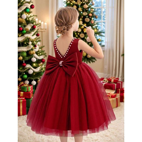 Burgundy Pearl-Trimmed Bow Back Deep V-Neck Tulle Party Dress