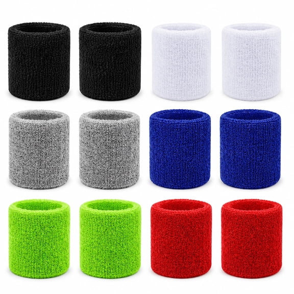 12 Pack Sports Wristbands, Cotton Blend Terry Cloth Sweatbands for Men Women, 3.15 x 3.15 Inch Wrist Bands for Tennis Basketball Running Gym