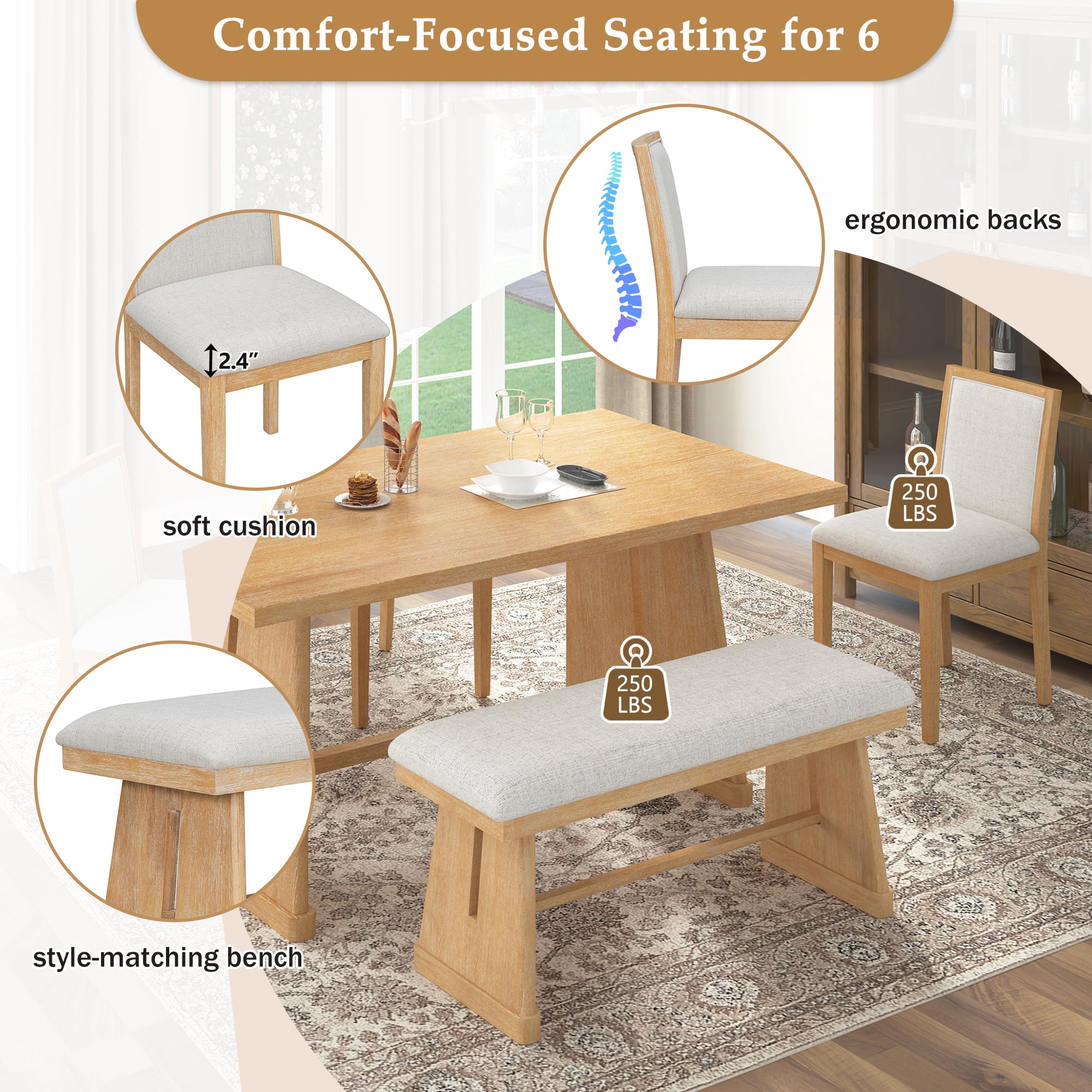 Euroco 6-Piece Farmhouse Dining Table Set for 6, 59.8" Rectangular Dining Table with 4 Upholstered Chairs & 1 Bench,Solid Wood Dining Furniture Set for Kitchen,Natural