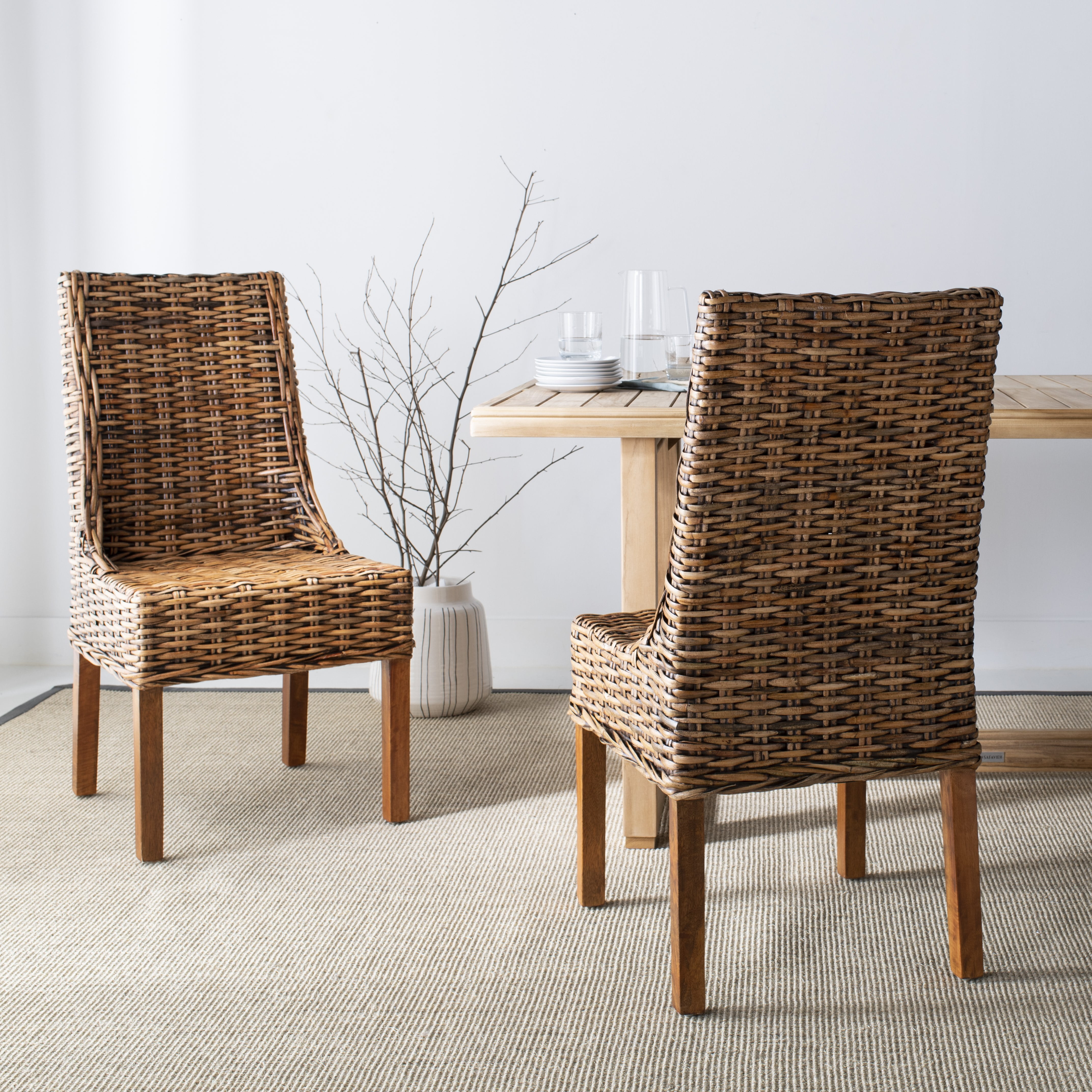 SAFAVIEH Suncoast Nautical Rattan Solid Dining Parsons Chair, Walnut (Set of 2)