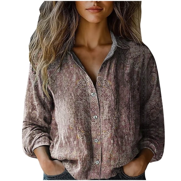 Ruimatai Women's Loose Casual Printed Long Sleeve Shirt Vintage Linen Blouse Comfortable Soft Polyester Top for Daily Work Dating