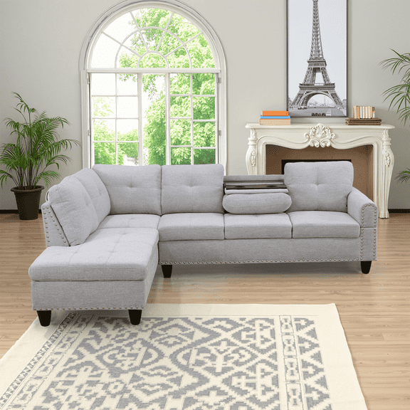 MAYEERTY 97.5" Flannel Sectional Sofa Couch Sets, 3-Piece L Shaped Sofa Couch for Living Room, Grey White