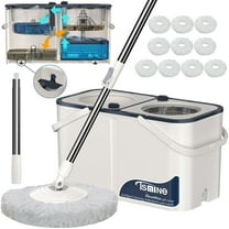 Tsmine Spin Mop Bucket with 4 Wheels, Separate Clean & Dirty Water, 6 Mop Refills