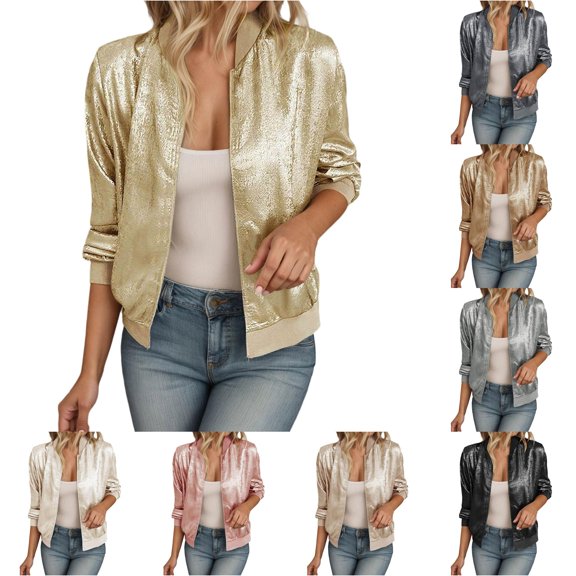 Plus Size Jacket Lightweight Slim Fit Reflective Zipper Casual Outerwear Solid Color Spring Autumn Fashion Coat for Women