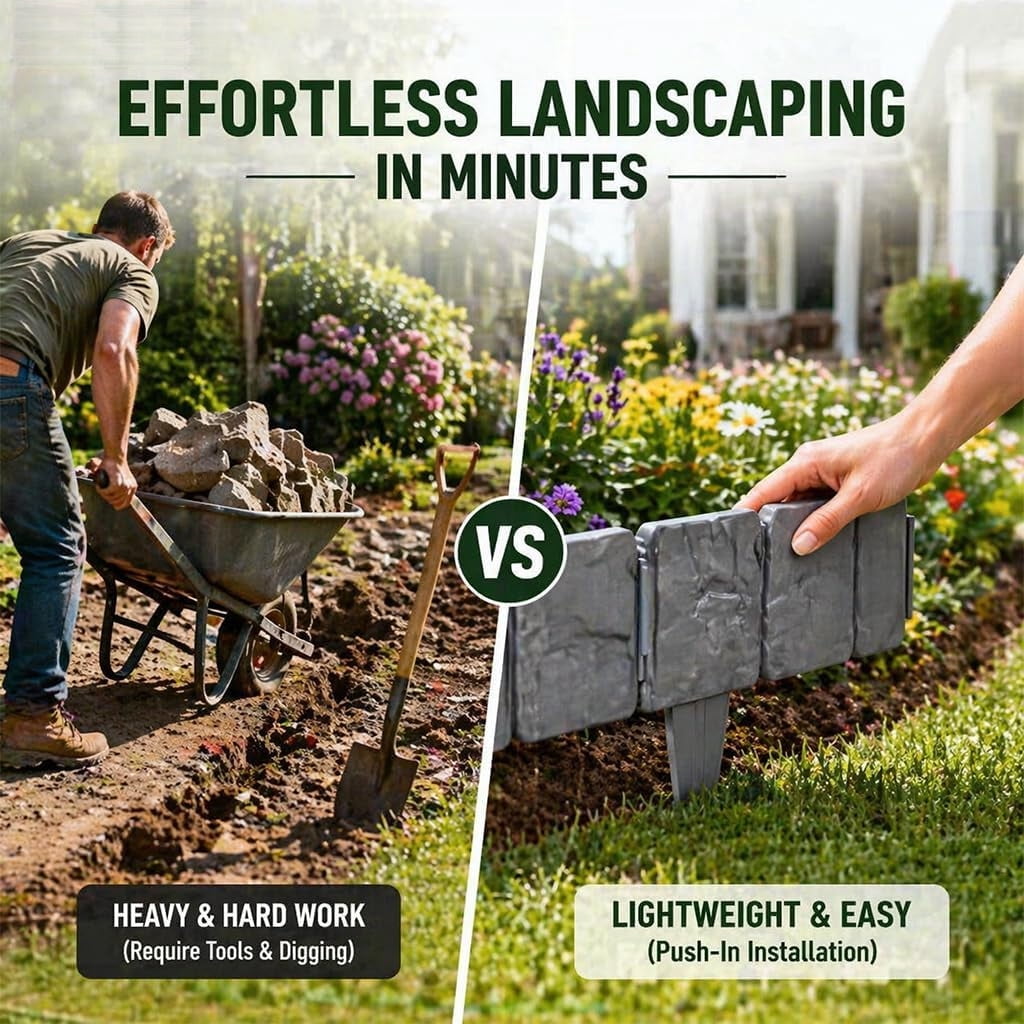 Stone Look Garden Edging Border Fence, Interlocking Plastic Landscape Edging with Built-In Stakes for Flower Beds, Lawn, Pathway & Yard Decor, Weather Resistant Outdoor Border Panels, Black,20pcs