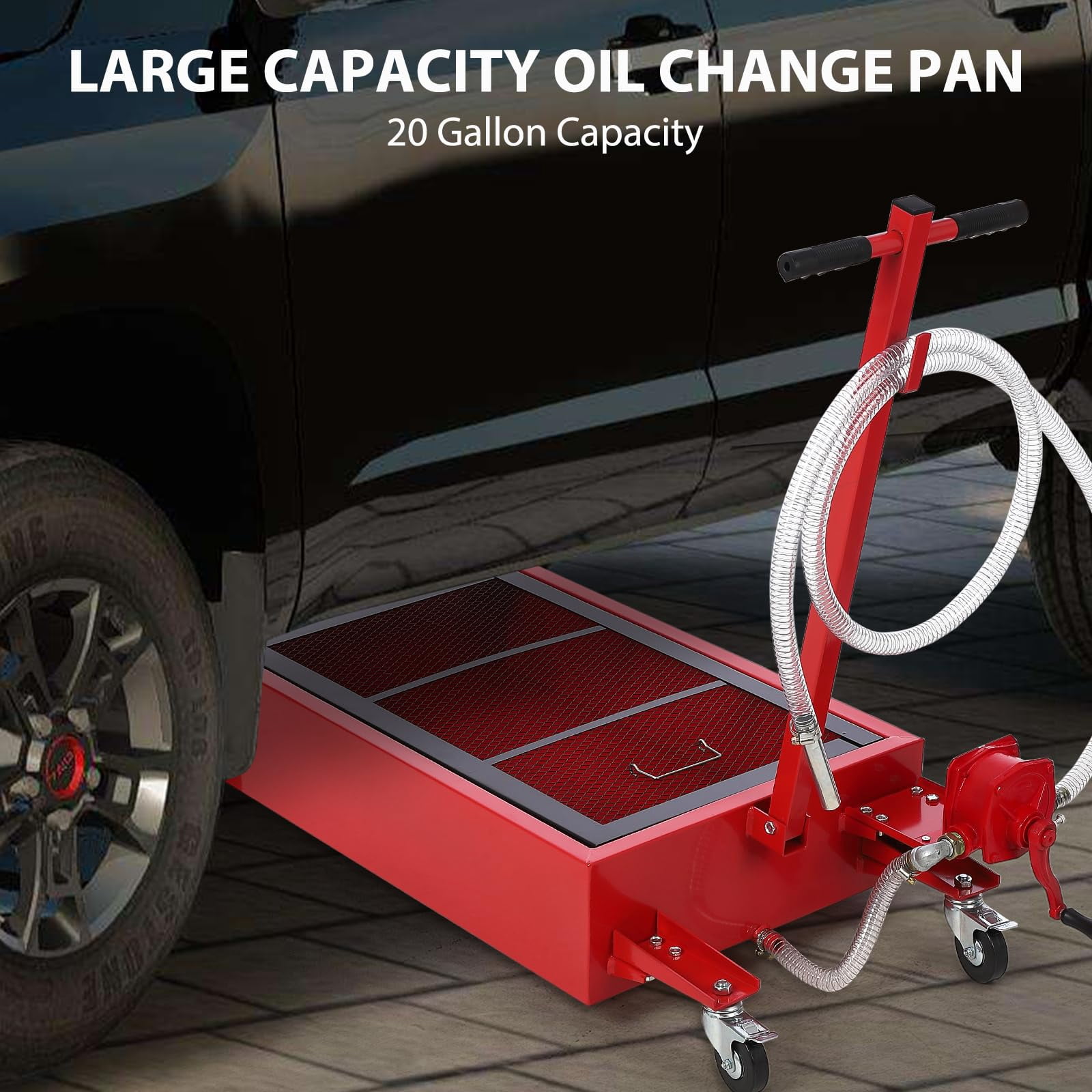 20 gal Oil Drain Pan Oil Drain Tank, 76 L Low Profile Oil Drain Pan, Large Capacity Oil Change Pan with Manual Pump & T Foldable Hand and Wheels, 8 ft Hose Oil Drain Cart for Car, SUV, Trucks
