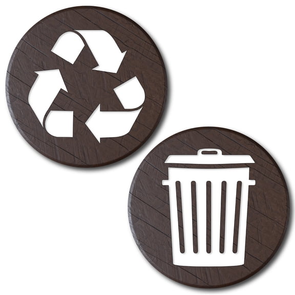 Recycle and Trash Logo Stickers (6 Pack) - Textured - for Metal or Plastic Garbage cans, and Bins - Indoor & Outdoor - Laminated and UV Protected Premium Decal (Wood - Dark 2, Small)