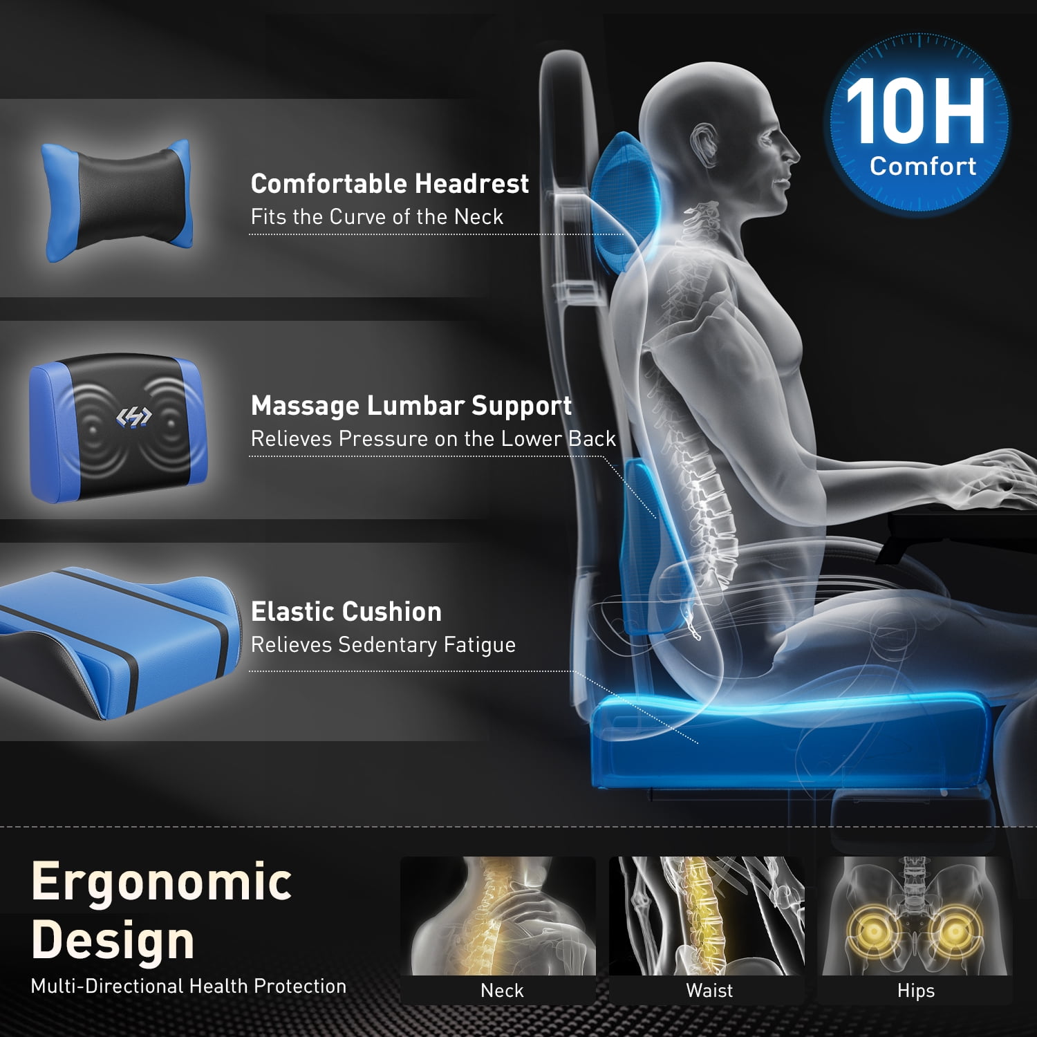 HLDIRECT Ergonomic High Back Gaming Chair with Pocket Spring Cushion, Game Chair with Footrest & Lumbar Massage, Gamer Chair, Computer Chair for Adults, Black & Blue