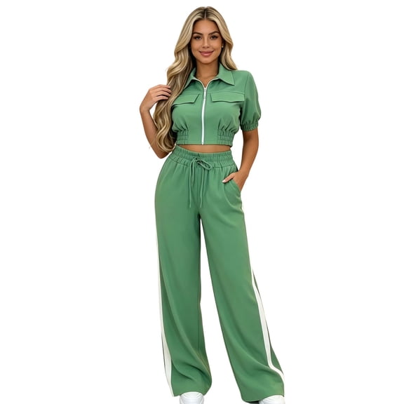 Wenini Women's Collared Zip Short Sleeve Cropped Top Drawstring Waist Wide Leg Trousers 2 Piece Fashion Tracksuit Set