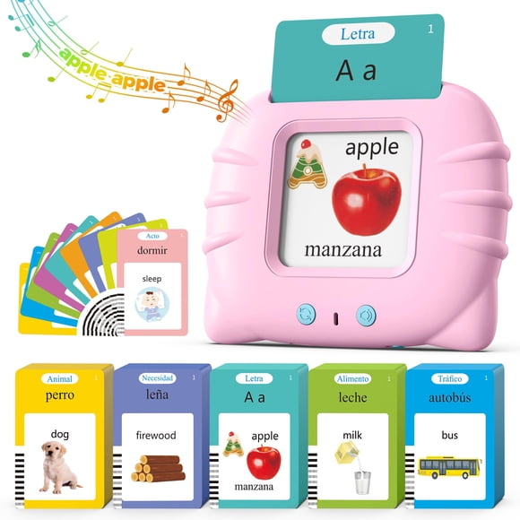 Tarjetas flash bilingües rosadas en español e inglés, juguetes de terapia del habla de bolsillo con 512 palabras, juguetes de aprendizaje de idiomas Montessori, juguetes para autismo, juguetes de cump