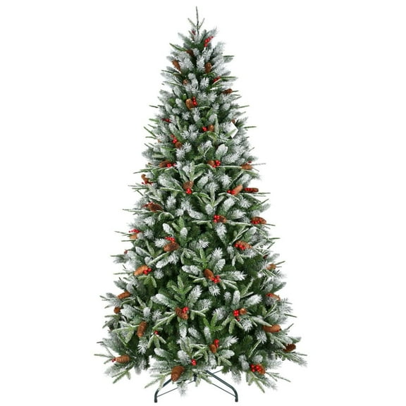 7 FT Artificial Christmas Tree with 75 PCS Pinecones and Red Berries, 2178 PE/PVC Hybrid Realistic Branch Tips, a Metal Stand, Easy to Assemble for Holiday Decorations