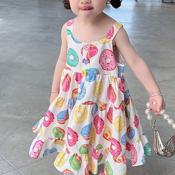 RTKFRFLM Toddler Girls Cartoon Flower Dress Donut Print Short Sleeve Summer Dress for Baby and Kids