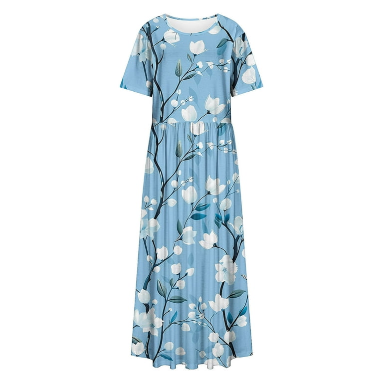 Womens Plus Size Maxi Floral Dress with Pockets Crewneck Short Sleeve T Shirt Dress Pleated Cotton Summer Dress (5xl, Blue)