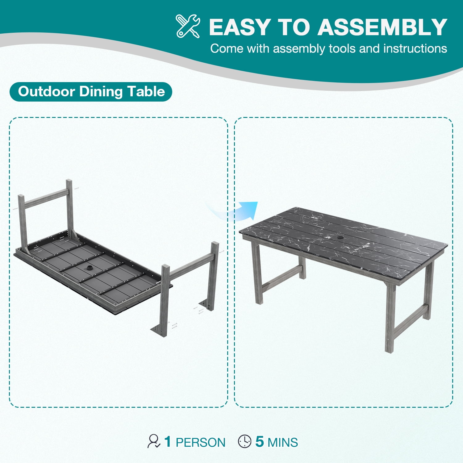 Erinnyees 7-Piece HDPE Outdoor Dining Set, 66.9" Marble Texture Patio Table with Umbrella Hole, and 6 All-Weather Chairs for Yard Deck Porch, Gray
