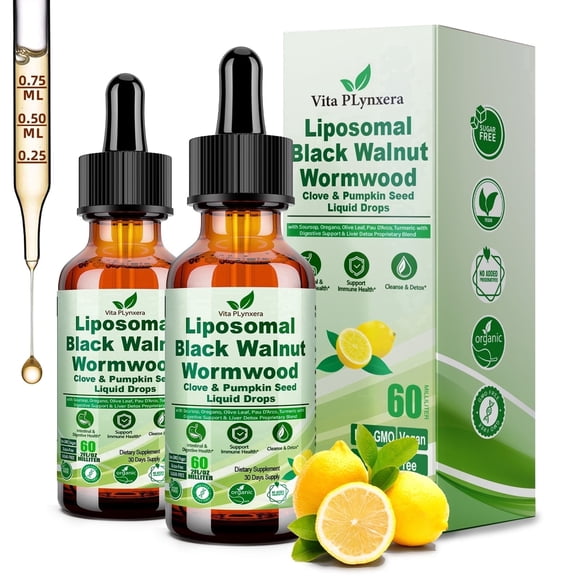 2 Pack Wormwood Black Walnut Clove Cleanse Drops for Human, 15-in-1 Triple-Action Gut Detox & Digestive Wellness Organic Liquid Tincture w. Soursop Pau Darco Oil of Oregano, Elimination Detox Cleanse