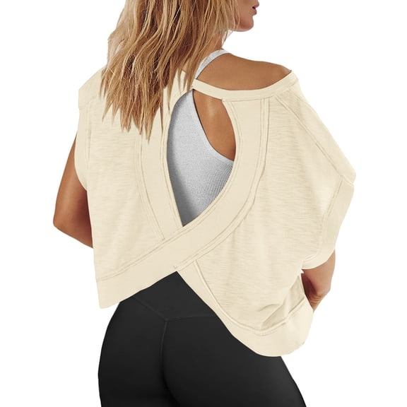 Wovix Womens Open Back Workout Shirt Solid Oversized Tee Backless Athletic Short Sleeve Crewneck Tops Beige L