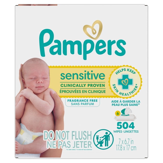 Lingettes pour bébés Pampers Sensitive, éprouvées en clinique, sans parfum, à base d’eau et hypoallergéniques, 504 lingettes pour bébés au total (6X emballages rabattables)
