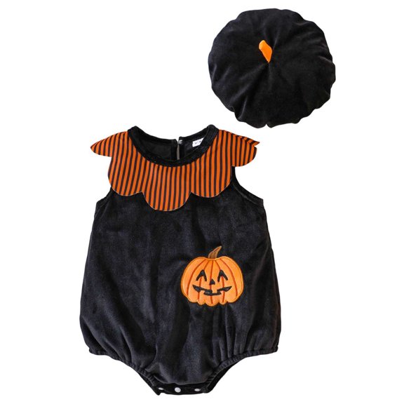Tisuna Halloween Pumpkin Bat Romper For Baby Girls Adorable Sleeveless Crew Neck Jumpsuit With Matching Hat Kids Halloween Theme Party Bodysuit Size 6-12 Months Black