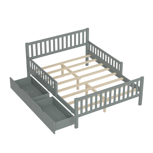 Euroco Wood Full Size Platform Bed with Guardrails and Drawers for Kids Teens Toddlers, Gray