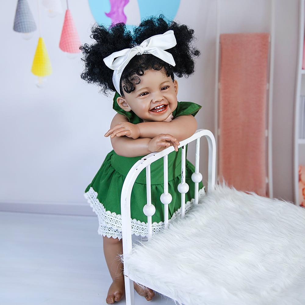 Nosadi 24" Reborn Baby Girl Dolls Black Skin Smile Face with Realisitc Silicone Limbs Filling with PP Cotton Birthday Gift for 3+ Years