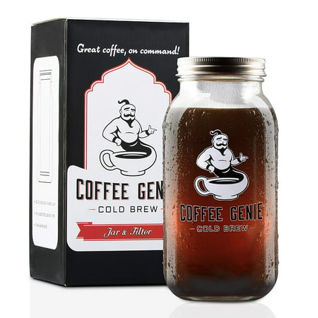 Coffee Genie Ice Cold Brew Coffee Maker – 8 cup Iced Coffee Maker w/ Ball Mason Jar and Stainless Steel Pot Cold Brew Filter Infuser for Delicious Ice Coffee or Cold Brewed Iced Tea