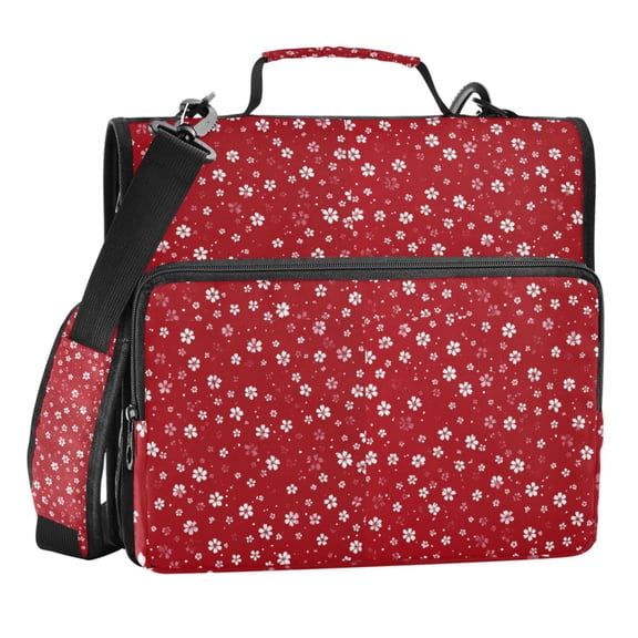Zipper Binder Red Background with Flowers 1.5 Inch Binder Folder Bag with Shoulder Strap and Handle