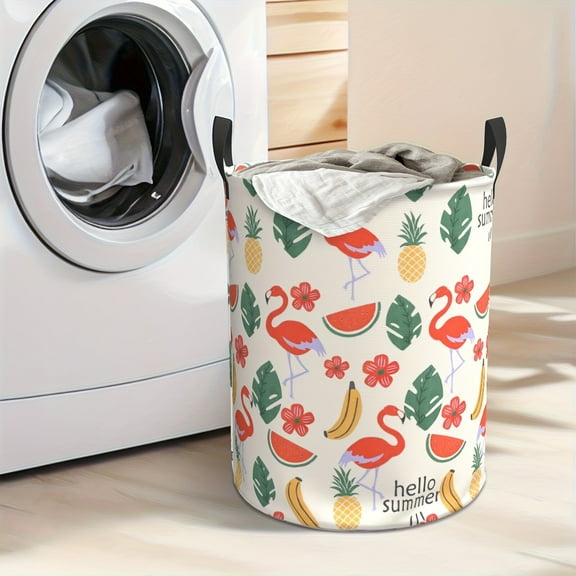 Summer Flame Double-Flowered Plant Flower Pattern Storage Basket, Extra Large Foldable Laundry Basket with Handle, Thick Oxford Cloth, Suitable for Bedroom/Bathroom Storage of Toys and Dirty Clothes