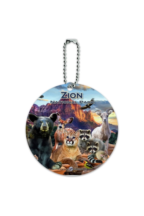 Zion National Park Utah UT Animals Cougar Bear Deer Raccoons Round Luggage ID Tag Card Suitcase Carry-On