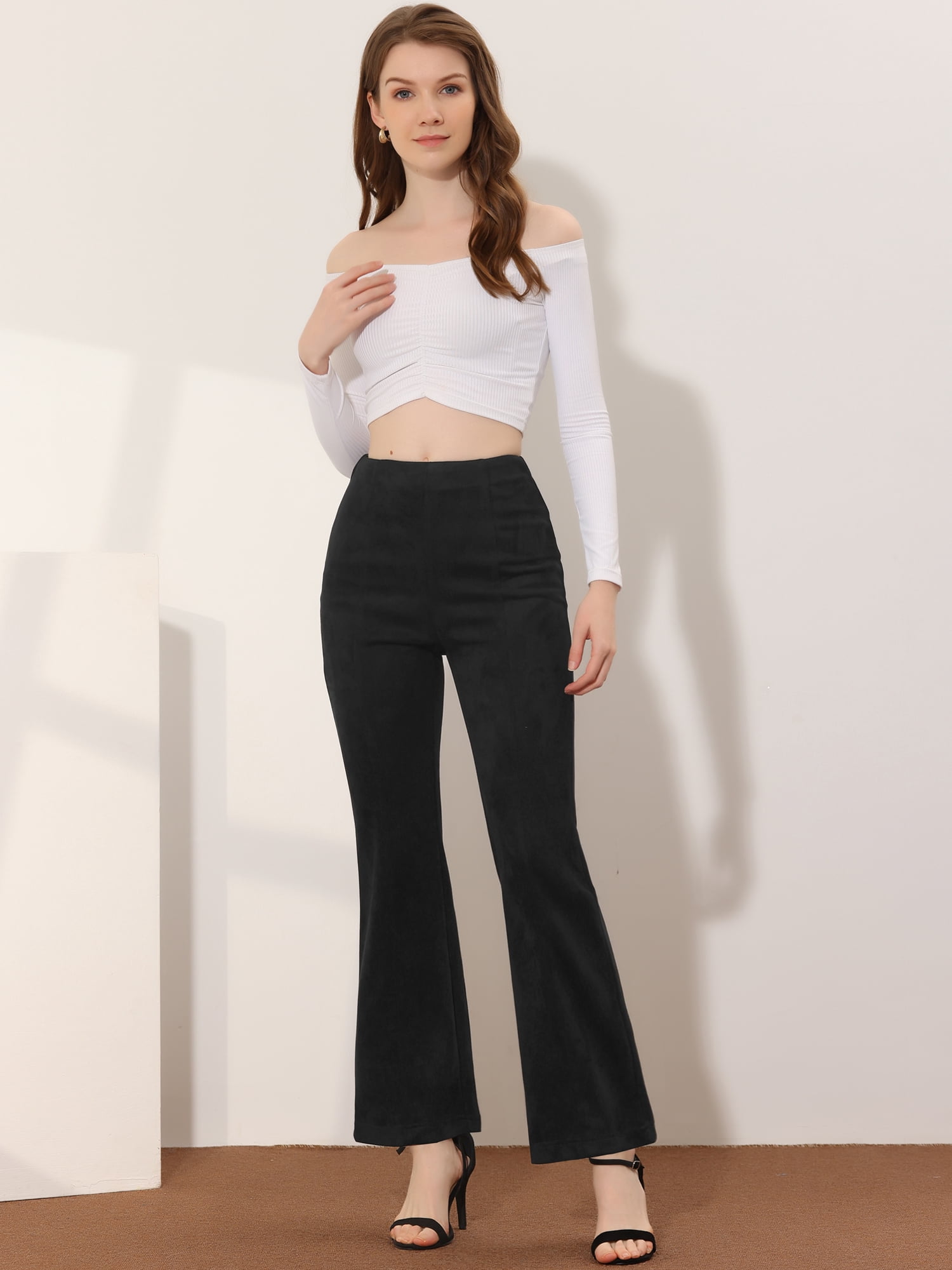 DARING DIVA Women's Faux Suede Pants Wide Legs Bell Bottom Flared Trousers XS Black