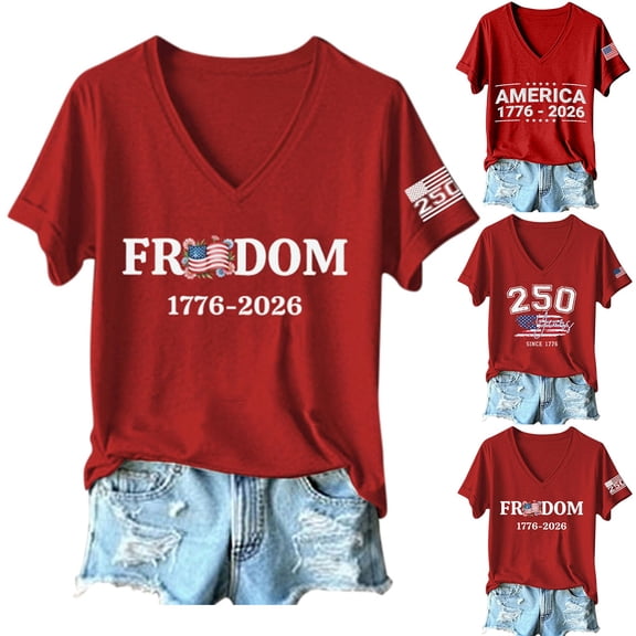 250th Anniversary USA Shirt for Women Fashion Casual Printed Short Sleeved Round Neck T Shirt Top Summer Tee Tops L