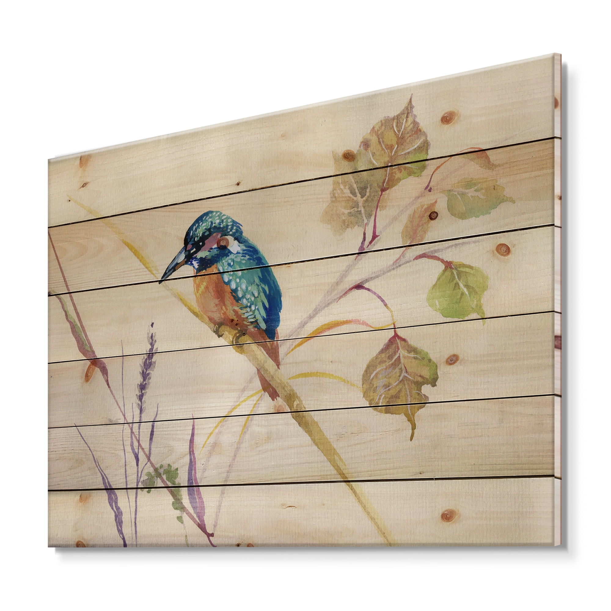 Designart 'Common Kingfisher Bird On Branch' Traditional Print on Natural Pine Wood