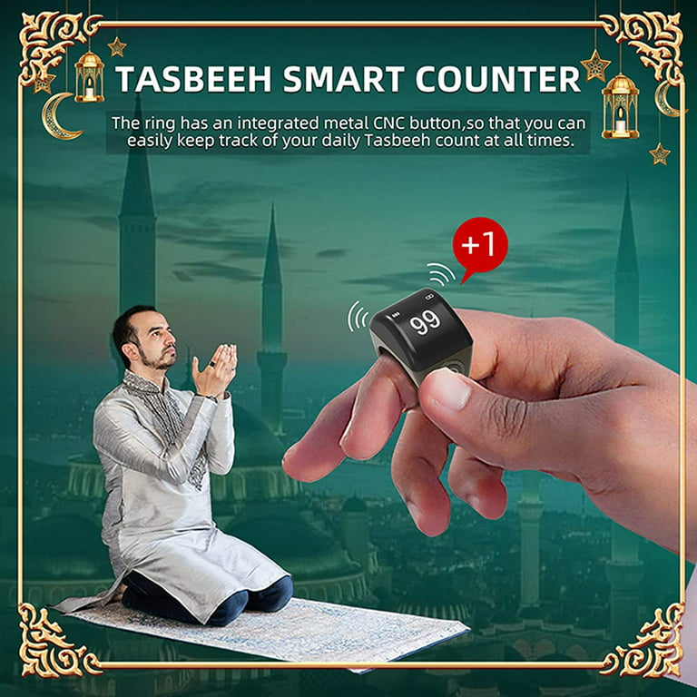 Kaulbiat Qibla Ring Tasbih Counter Prayer Reminder - Smart OLED Display  Tasbih Ring with Finger Counter,5 Prayer Time Reminder,Screen  Flip,Multi-Language Islamic Muslim Ring 