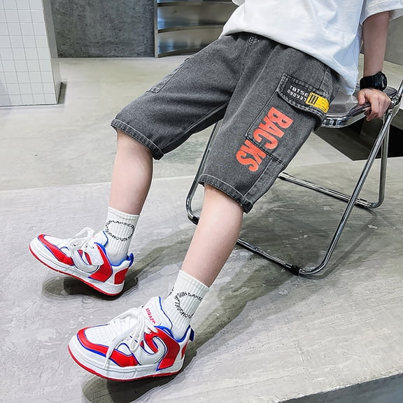 Wuxian Teens Boys Summer Casual Shorts Knee Length Wide Leg Comfortable Elastic Waist With Pockets Lightweight Breathable Breathable Trunks Denim Trousers Streetwear Clothes,Black,2-3 Years