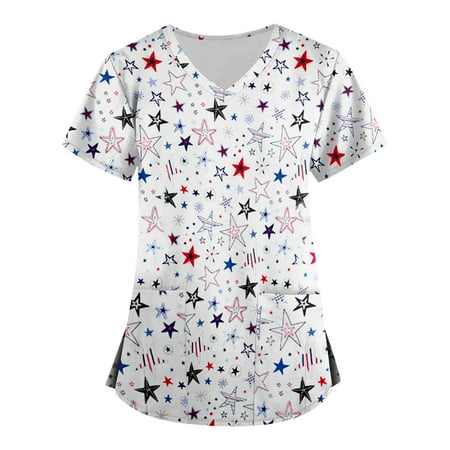 

Sksloeg Women s Scrub Tops 4th Of July American Flag Print Blouse Short Sleeve Nurse Working Uniform V Neck Graphic Scrub Shirts Multicolor S