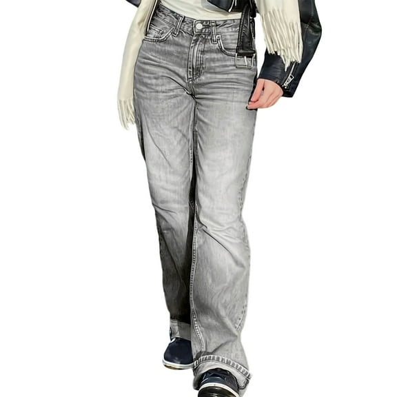 Luogg Girls High Waist Straight Leg Jeans For Teens Adjustable Waistband Casual Denim Pants For Everyday Wear Comfortable Retro Style Trousers Girls Jeans For School 12-13 Years