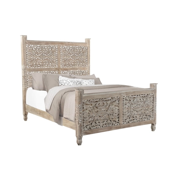 Taran Designs Monte Floral Carved Solid Wood Queen Panel Bed in Gray