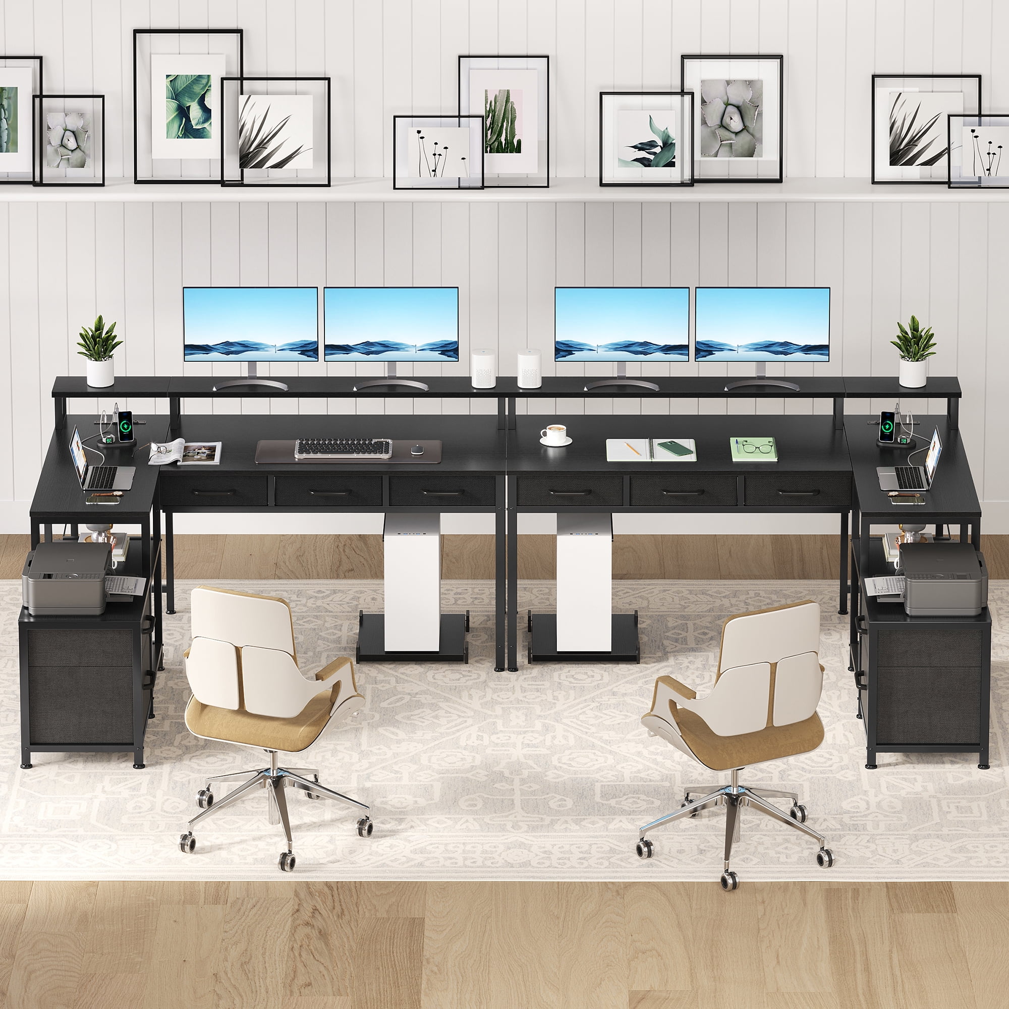 L Shaped Gaming Desk with File Drawer & Power Outlet, 53" Reversible Home Office Desk with Monitor Stand & Storage Drawers, Modern Corner Computer Desk with CPU Stand & Printer Storage Shelves, Black