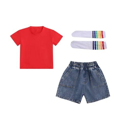 Boys & Girls Summer Outfit Sets Cotton Short Sleeve Tops & Denim Shorts with Patch Pockets & Socks 3-Piece Set for 3-12 Years