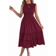 thumbnail image 3 of Women'S Ruffle Trim Flutter Sleeve Midi Dress Pleated Crew Neck Tiered Smocked Flowy Dresses Wine Red L, 3 of 9