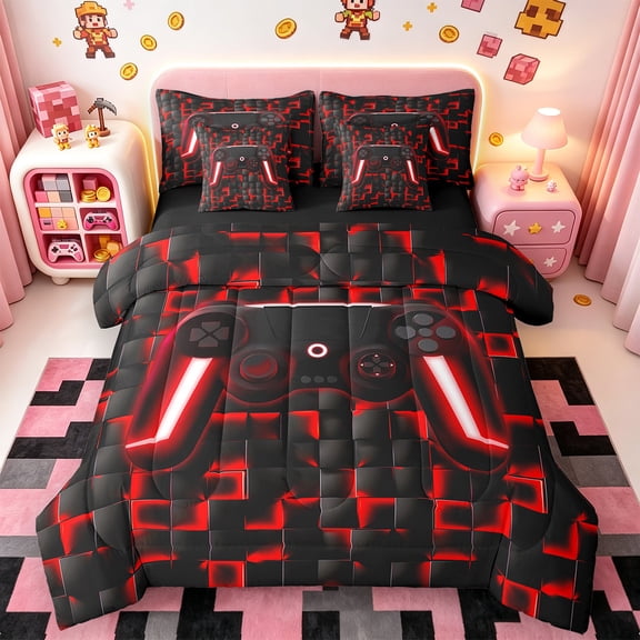 Manfei Neon Gamepad Twin Bedding Sets 7 Pieces,Modern Geometric Plaid Bedding Comforter Set 7 Pieces,Red Black Sheet Sets For Boys Kids,Super Cozy Bedroom Decor Reversible