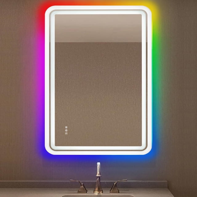 ANDY STAR 24''x32'' LED Bathroom Mirror, Rounded Lighted Bathroom Mirror RGB Backlit and Front lit,Stepless Dimmable, Memory, Anti-Fog, Lighted Vanity Mirror Wall Mounted White Metal Frame