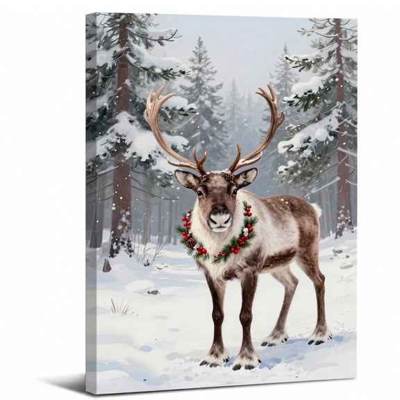 Christmas Reindeer Canvas Wall Art Framed,Berry Wreath in Snowy Winter Pine Forest Landscape canvas print for bathroom or living room decor,8x12in